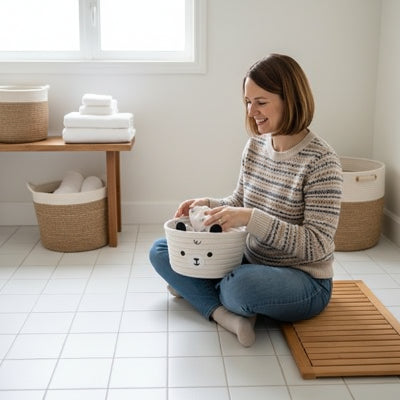 Panier de rangement blanc en coton tissé, rond tête ours