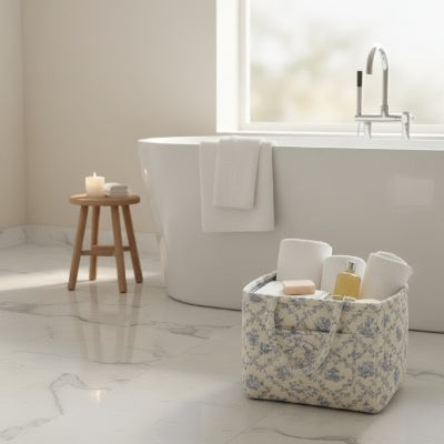 Panier de rangement bleu à motif floral avec poignée, grand format, pliable et matelassé