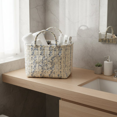 Panier de rangement bleu et blanc, à motif floral avec poignée, pliable et matelassé, grand format