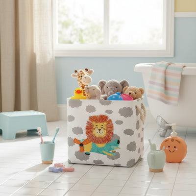 Panier de rangement, carré, ludique, pliant en lin, avec poignée, motif lion