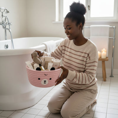 Panier de rangement en coton tissé, rond tête ours, rose