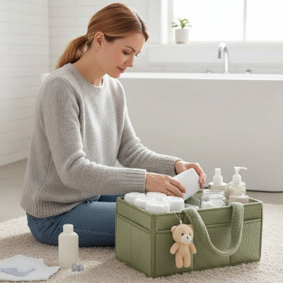 Panier de rangement en feutre vert tout doux et polyvalent , plusieurs compartiments