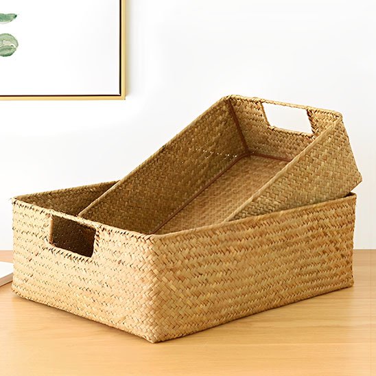 panier de rangement grand panier en jonc de mer tissé naturel en osier de paille