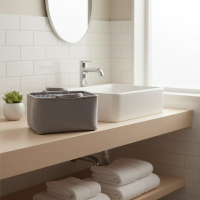 Panier de rangement gris avec compartiments et poignée, molletonné, style polaire