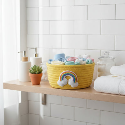 Panier de rangement jaune motif arc en ciel, en coton tissé grand format
