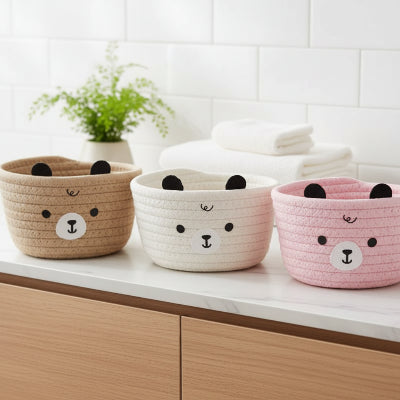 Panier de rangement marron, blanc ou rose en coton tissé, rond tête ours