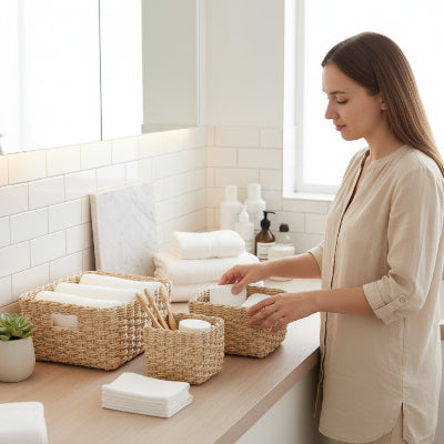Panier de rangement marron, rectangle, 2 tailles, en corde tissée, doux et élégant, matériel naturel et écologique 