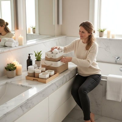 Panier de rangement pliable, bicolore kaki blanc, en lin avec poignée latérale