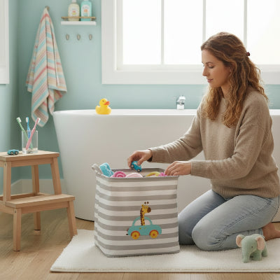 Panier de rangement pour enfants avec rayures grises, carré