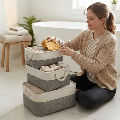 Panier de rangement rectangle, bicolore, en lin avec poignée latérale, pliable
