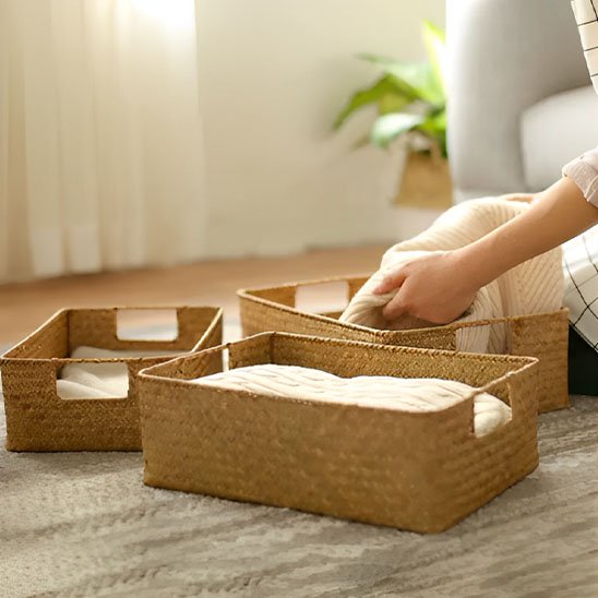 panier de rangement rectangle grand panier en jonc de mer tissé naturel en osier de paille