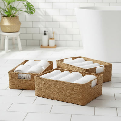 panier de rangement rectangle grand panier en jonc de mer tissé naturel en osier de paille