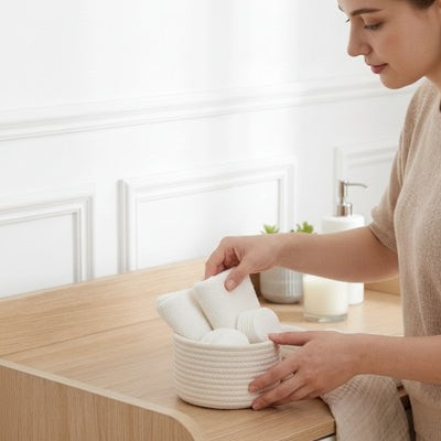 Panier de rangement, rond, blanc, en corde de coton, tissée
