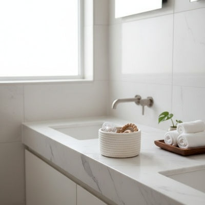 Panier de rangement, rond et blanc, texture agréable au toucher