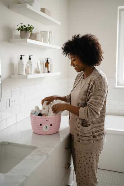 Panier de rangement rose en coton tissé, rond tête ours