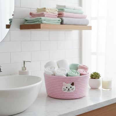 Panier de rangement rose motif tête de chat, en coton tissé 