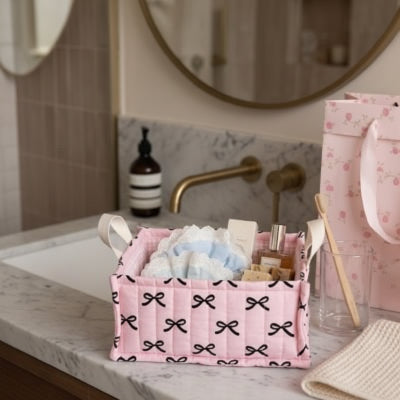 Panier de rangement salle de bain avec poignée , rose motif noeud noir