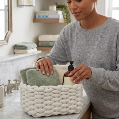 Panier de rangement salle de bain blanc en coton grossier tissé 