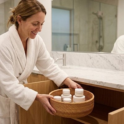 Panier de rangement salle de bain en rotin naturel, grand format rond, robuste