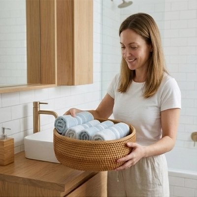 Panier de rangement salle de bain en rotin naturel, rond, taille moyen