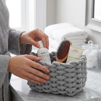 Panier de rangement salle de bain gris en coton grossier tissé 
