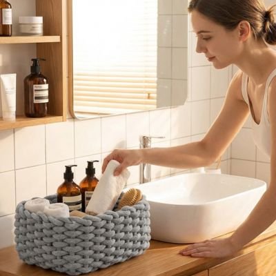 Panier de rangement salle de bain, gris en coton grossier tissé 