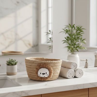 Panier de rangement salle de bain marron clair, Corde en coton tissé à la main motif animal