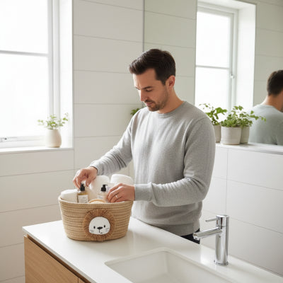 Panier de rangement salle de bain marron clair, Corde en coton tissé à la main motif lion