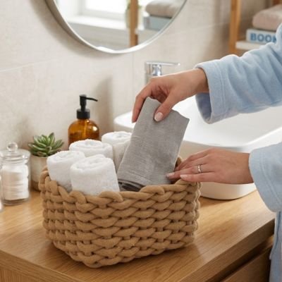 Panier de rangement salle de bain marron en coton grossier tissé