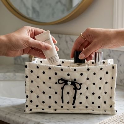 Panier de rangement salle de bain, matelassé, blanc aux pois noirs