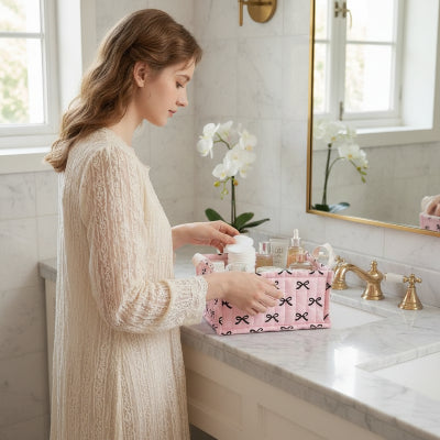 Panier de rangement salle de bain rectangle, avec poignée, rose motif noeud noir