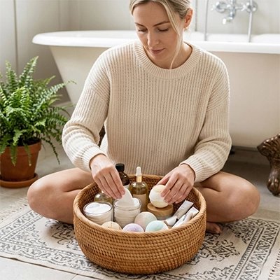 Panier de rangement salle de bain rond, en rotin naturel, grand de taille 