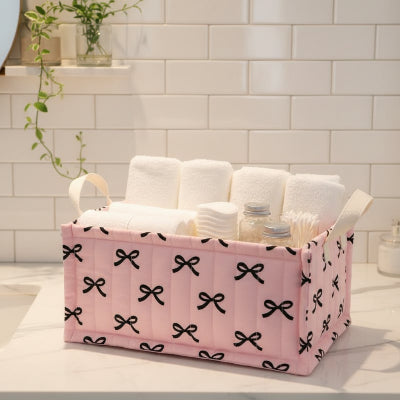 Panier de rangement salle de bain rose motif noeud noir, rectangle avec poignée