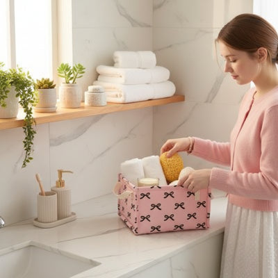 Panier de rangement salle de bain rose motif noeud noir avec poignée 