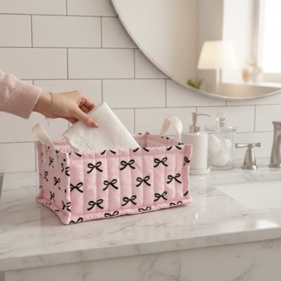 Panier de rangement salle de bain rose motif noeud noir, rectangle avec poignée 