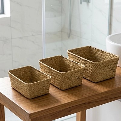 Panier de rangement salle de bain tissée en jonc de mer, rectangle, trois tailles