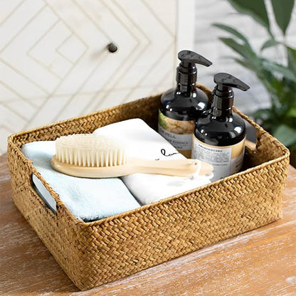 panier de rangement tissé naturel en osier de paille grand panier en jonc de mer rectangle 