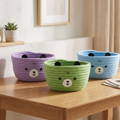 Panier de rangement vert violet ou bleu, rond en cordage tissé, motif ours