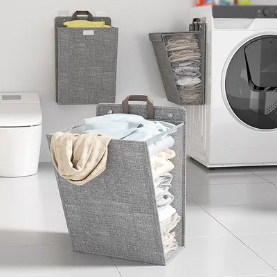 panier linge gris avec poignée simili cuir