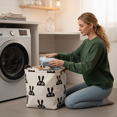 Panier linge motif lapin avec poignées latérales, solide, en tissu blanc