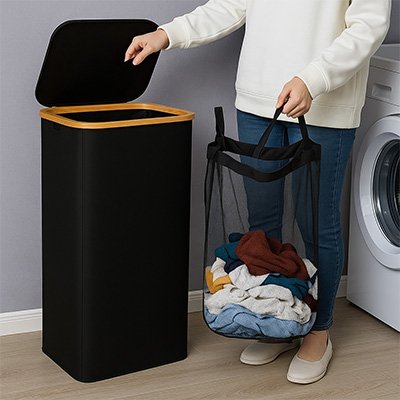 Panier linge pliable avec couvercle et sac intérieur, 100 litres, pliable avec sac intérieur détachable noir