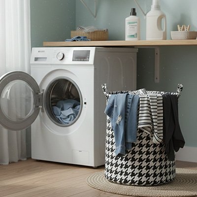 Panier linge pliable classique noir et blanc pied-de-poule, panier de rangement moderne en tissu avec poignée
