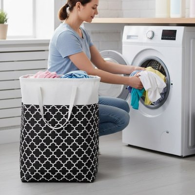 Panier linge pliable en tissu imperméable, noir et blanc , moderne 