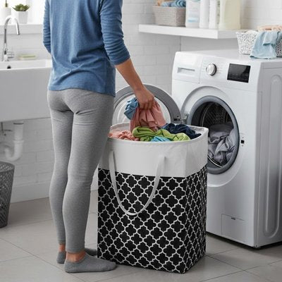 Panier linge pliable en tissu imperméable, solide, grand format, bicolore avec grande poignée 
