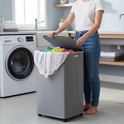 Panier linge pliable gris avec couvercle et sac intérieur, 100 litres, pliable avec sac intérieur détachable