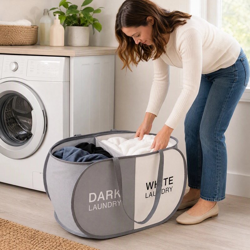 Panier linge pliable gris et blanc léger à compartiments