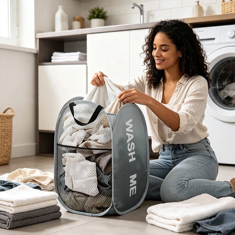 Panier linge pliable gris large ouverture, respirant, pliable, peu encombrant