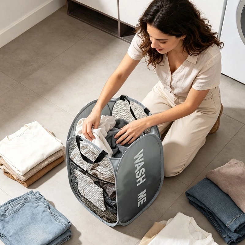 Panier linge pliable large ouverture, respirant, pliable, peu encombrant léger, gris