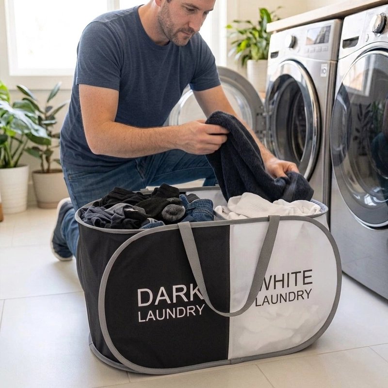 Panier linge pliable léger noir et blanc à compartiments 