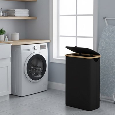 Panier linge pliable noir avec couvercle et sac intérieur, 100 litres, pliable avec sac intérieur détachable